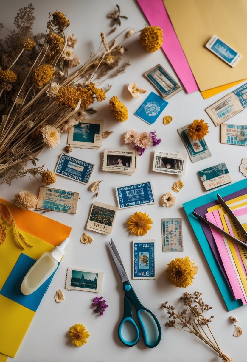 A table scattered with old photos, ticket stubs, and dried flowers. A pair of scissors, glue, and colorful paper lay ready for crafting