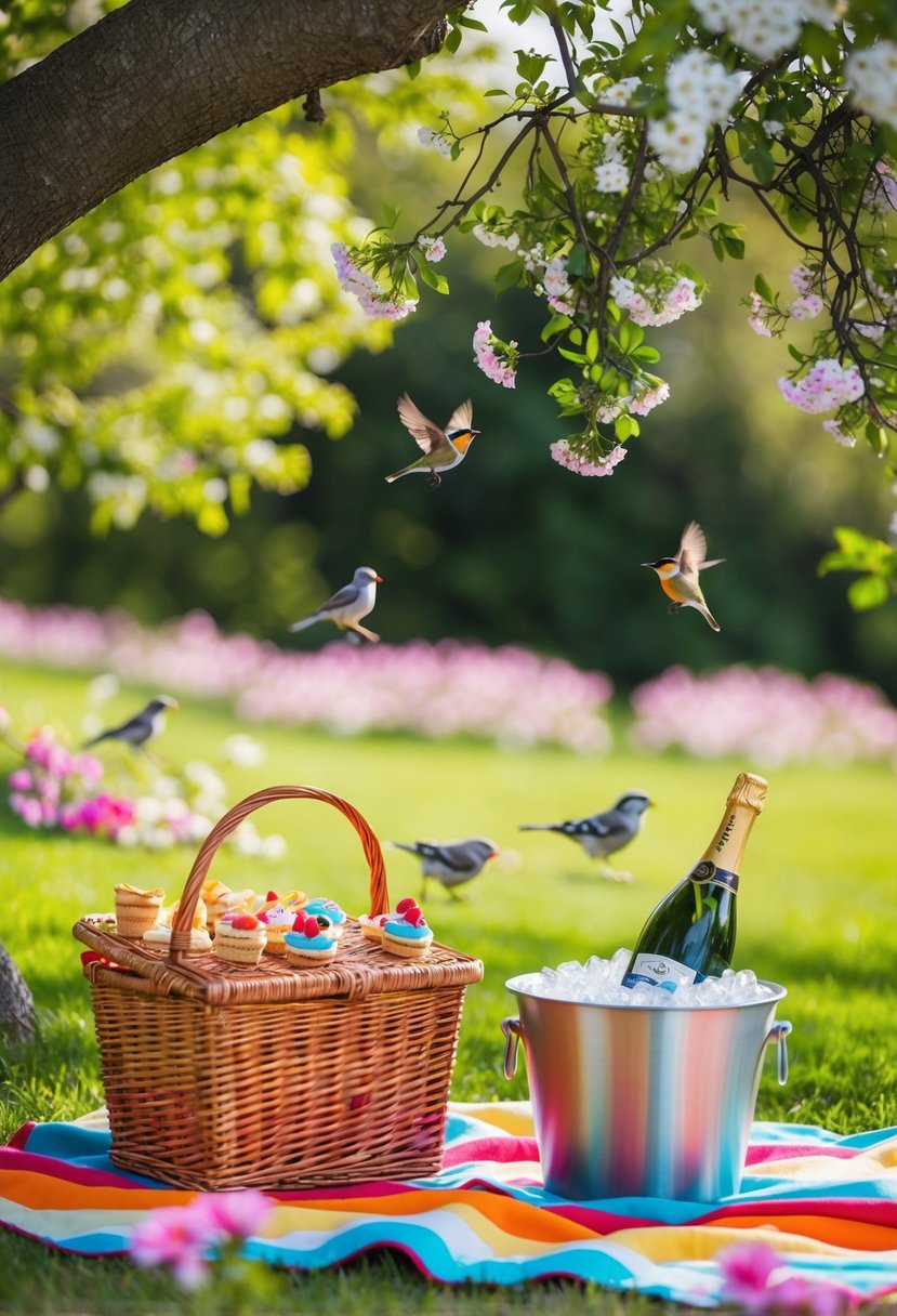 A colorful picnic blanket spread out under a shady tree, surrounded by blooming flowers and chirping birds, with a wicker basket filled with delicious treats and a bottle of champagne chilling in a bucket of ice