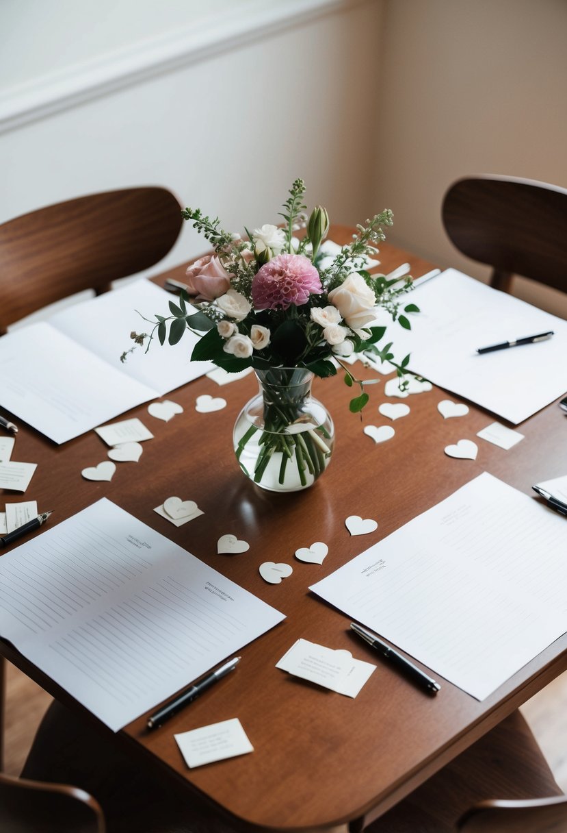 A table set with two chairs, each holding a pen and paper. A vase of flowers sits in the center, surrounded by scattered love letters