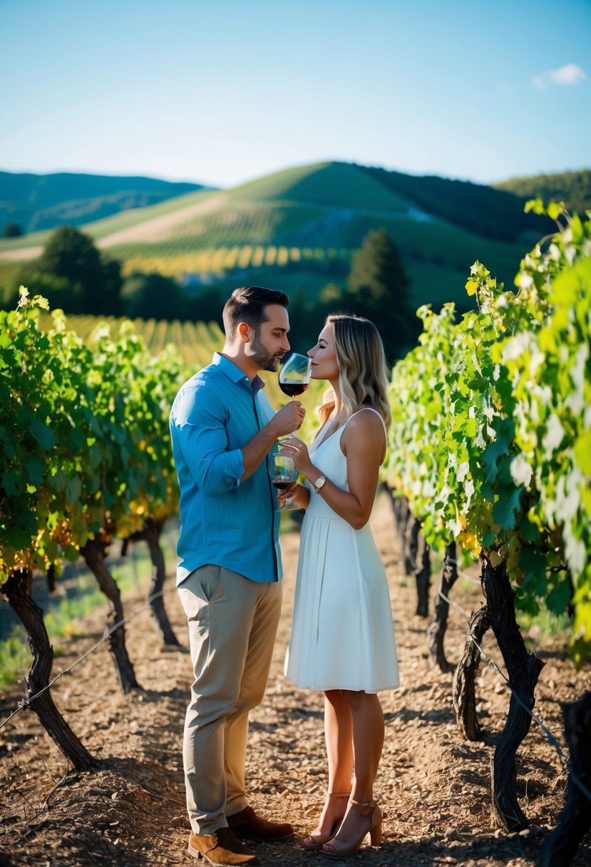 A couple sips wine at a vineyard, surrounded by rolling hills and grapevines under a clear blue sky