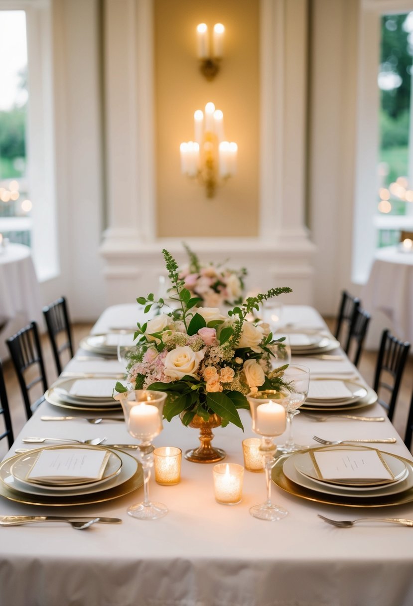 A beautifully set table with elegant place settings, romantic candlelight, and a centerpiece of fresh flowers