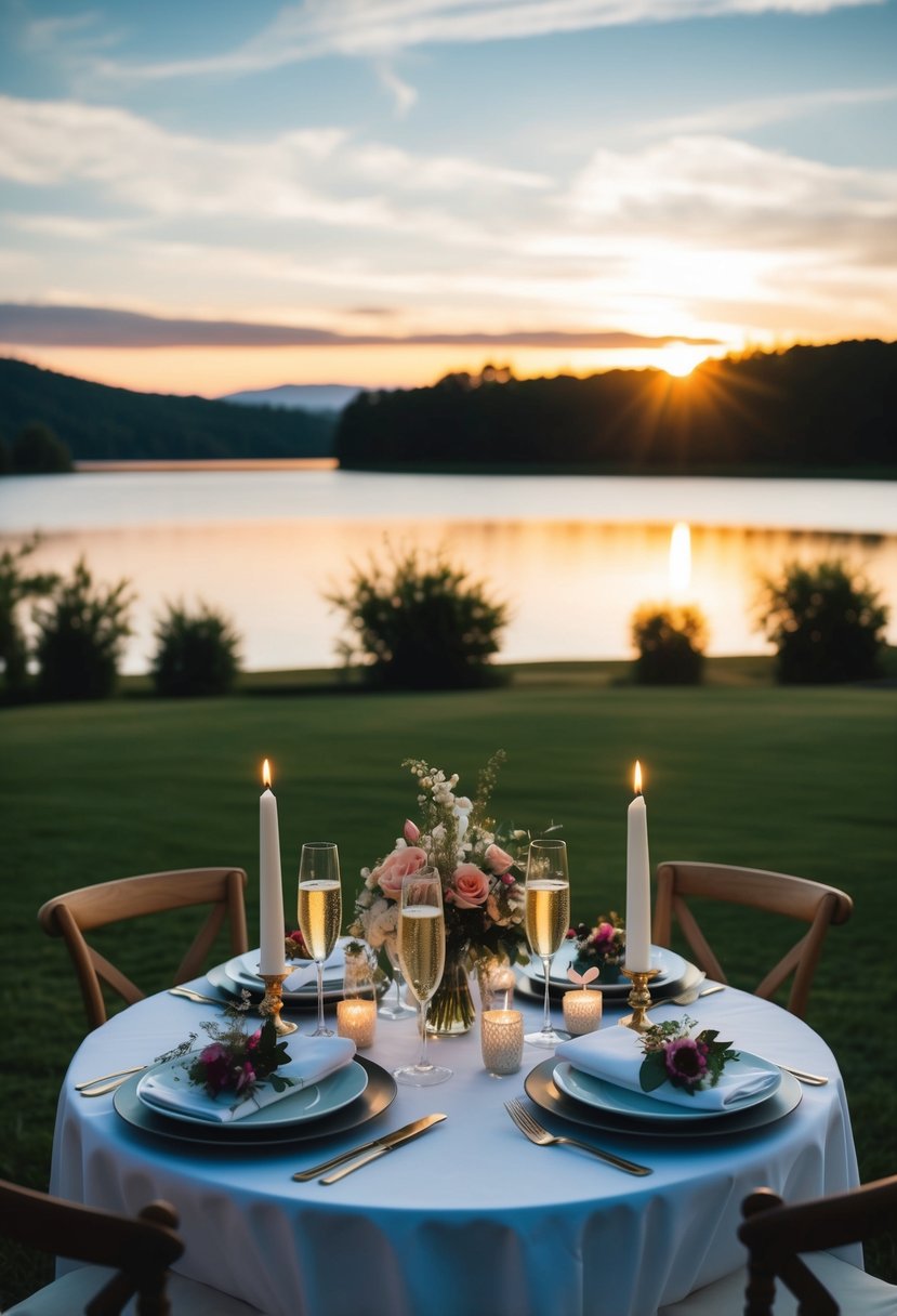 A couple's table set for two, adorned with candles, flowers, and champagne, with a scenic view of a sunset over a tranquil lake