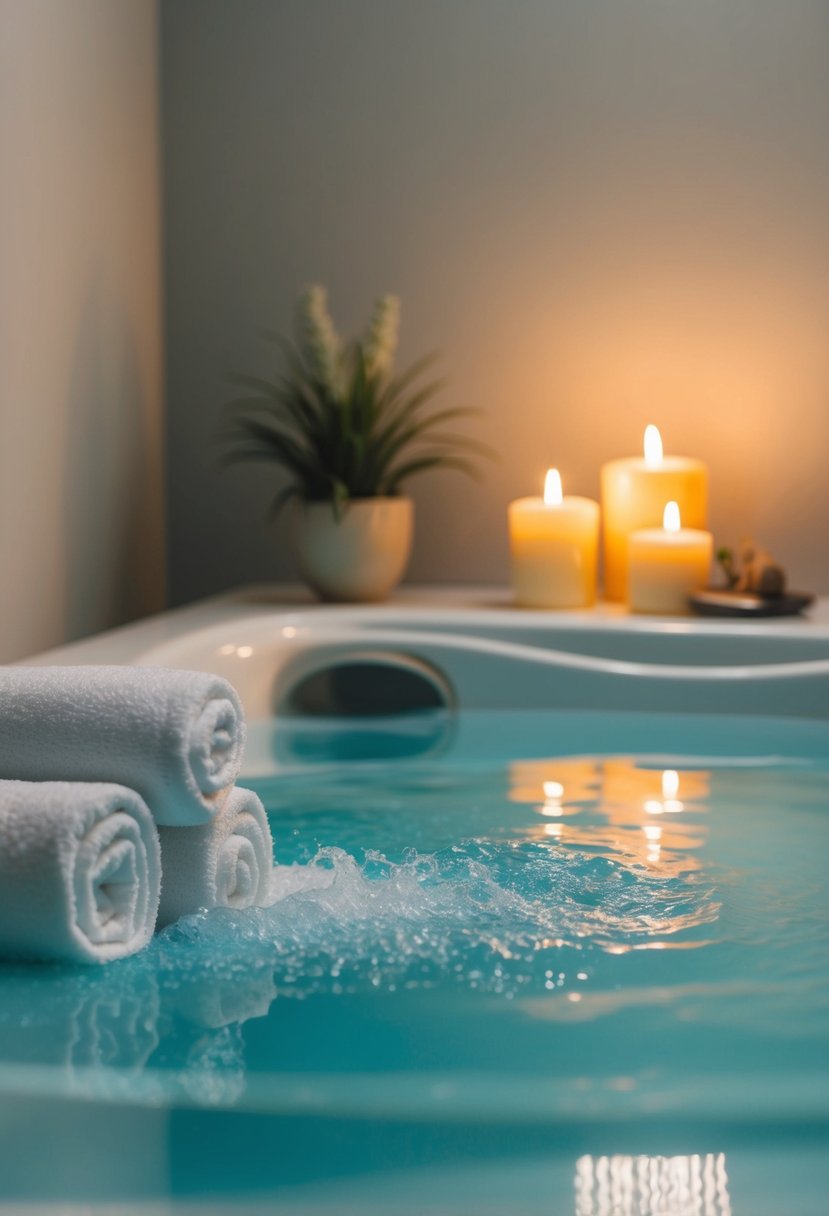 A serene spa room with a bubbling hot tub, fluffy towels, and soft candlelight