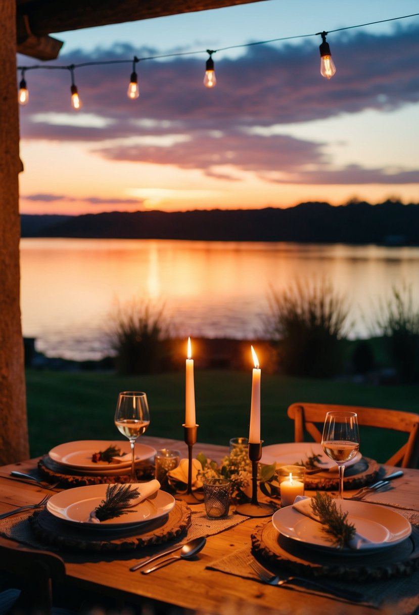 A cozy candlelit dinner for two in a rustic outdoor setting, with a view of the sunset over a serene lake