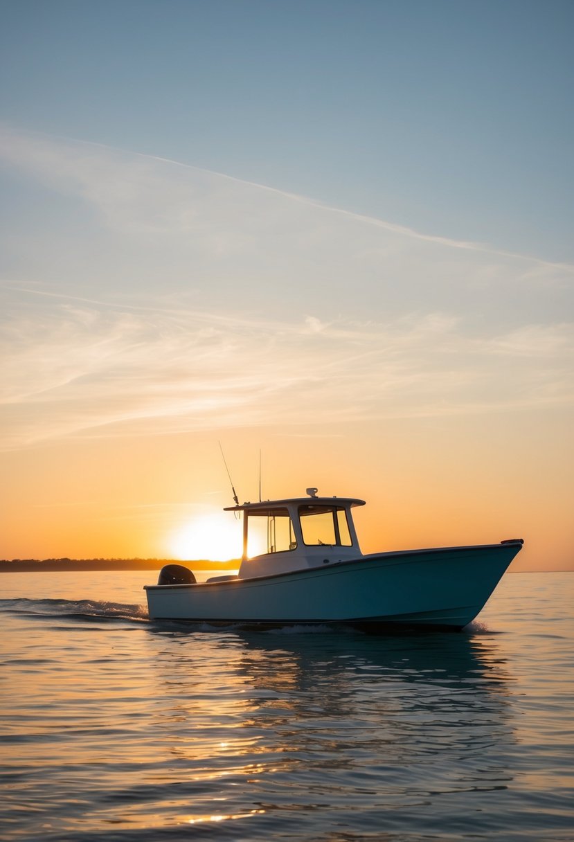 A serene boat glides on calm waters, bathed in the warm glow of the setting sun