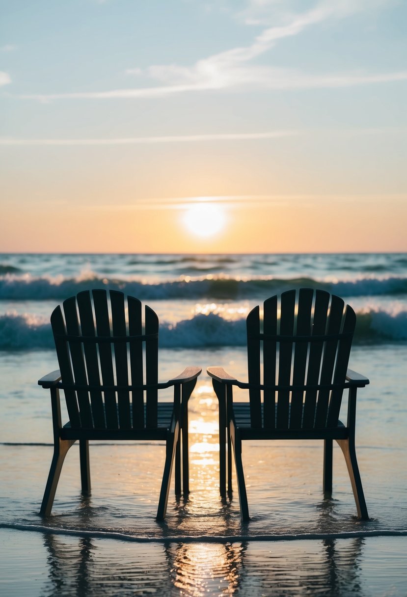 A serene beach with two chairs facing the horizon, waves gently crashing, and the sun rising in the background