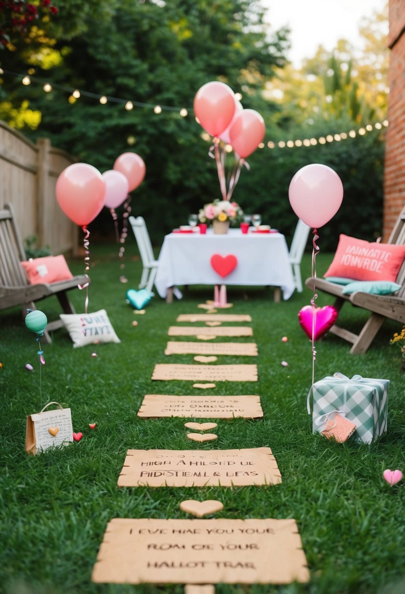 A backyard filled with hidden clues, balloons, and romantic mementos. A trail leads to a picnic area with a beautifully set table and a special gift