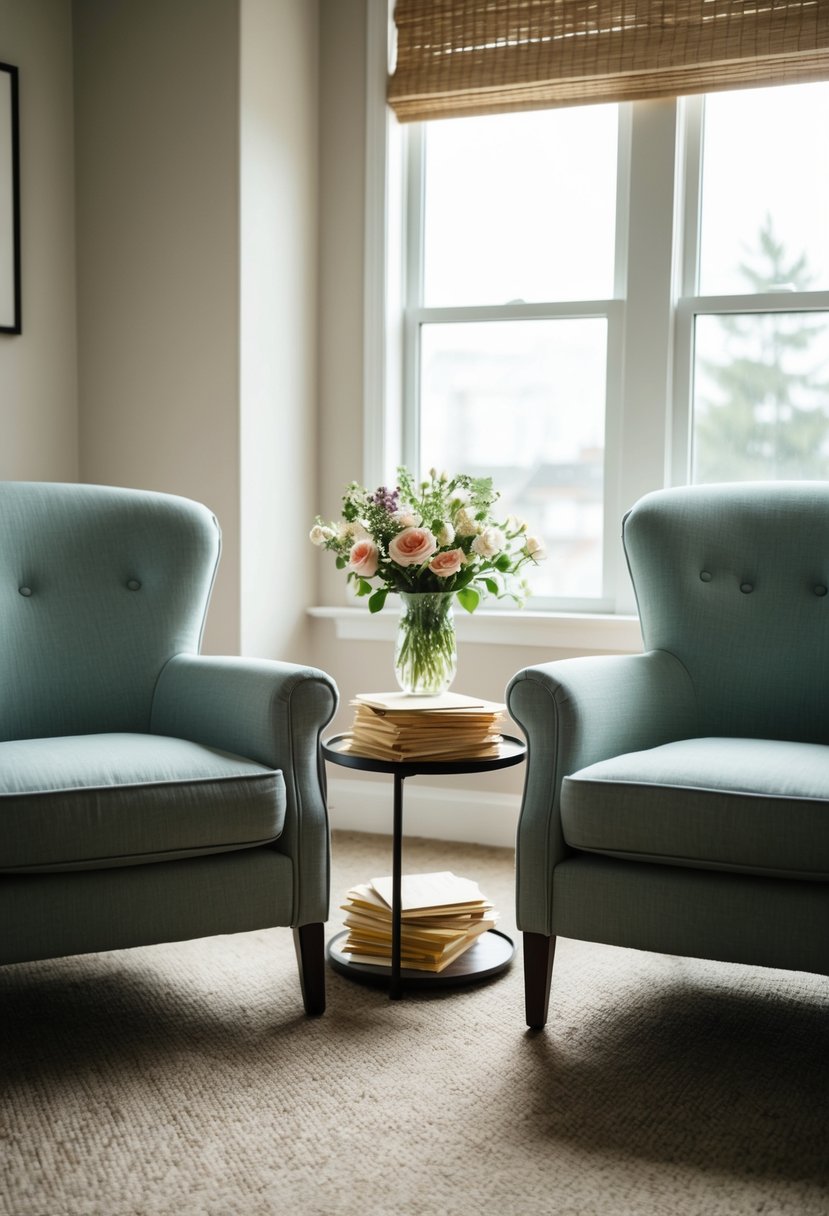 A cozy living room with two armchairs facing each other, a small table with a vase of flowers, and a stack of love letters