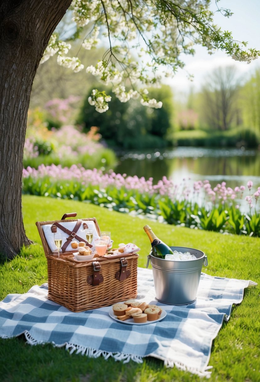 A cozy picnic blanket laid out under a shady tree, surrounded by blooming flowers and a tranquil pond, with a wicker basket filled with delicious treats and a bottle of champagne chilling in a bucket