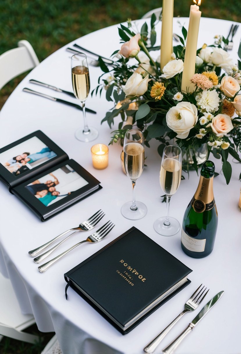 A table set with a white tablecloth, adorned with flowers, candles, and a photo album. Two champagne glasses and a bottle rest nearby