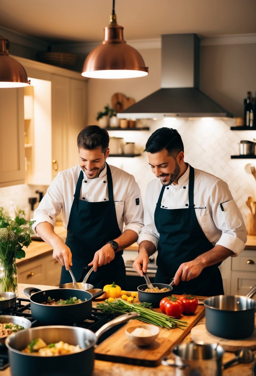 A cozy kitchen with two chefs working together, surrounded by pots, pans, and fresh ingredients. A romantic atmosphere with soft lighting and a sense of teamwork and celebration