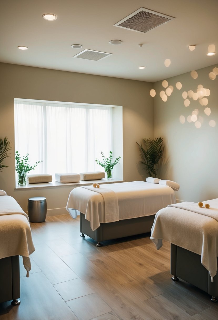 A serene spa room with two massage tables, soft lighting, and calming music. Aromatherapy scents fill the air, and a large jacuzzi tub sits in the corner