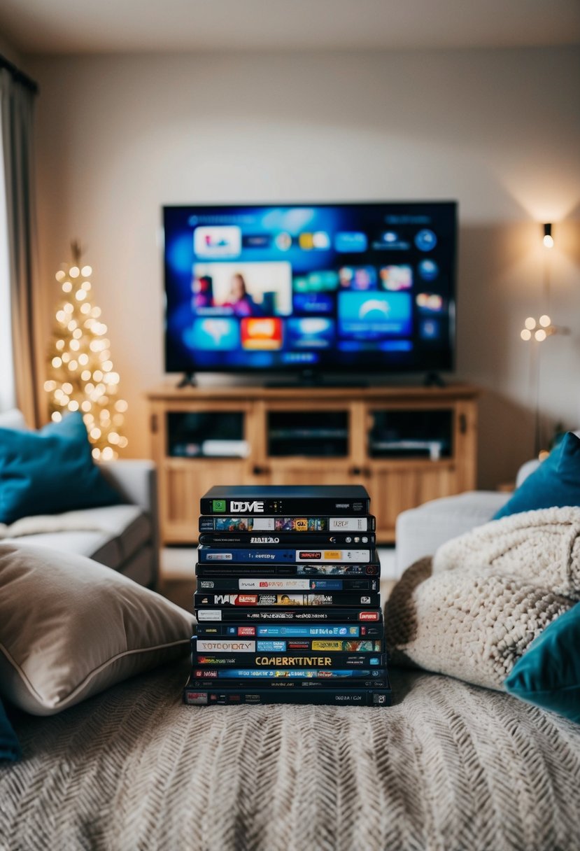 A cozy living room with a big screen TV and a stack of DVDs, surrounded by comfy pillows and blankets