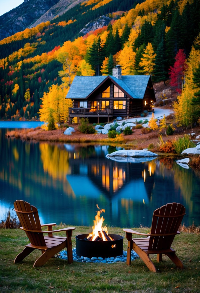 A cozy cabin nestled in the mountains, surrounded by vibrant autumn foliage and a serene lake, with a crackling fire pit and two chairs set for stargazing