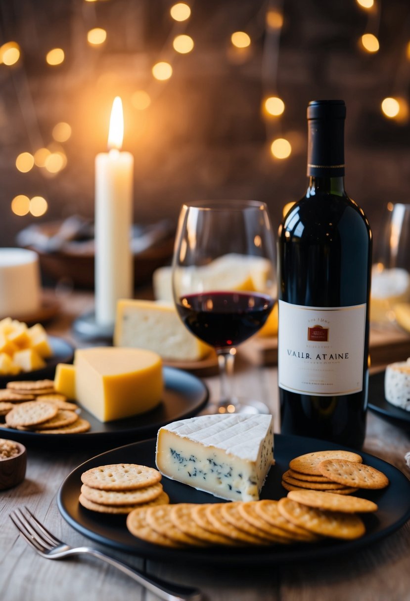 A cozy table set with a variety of cheeses, crackers, and a bottle of wine. A candle flickers in the background, creating a warm and romantic atmosphere