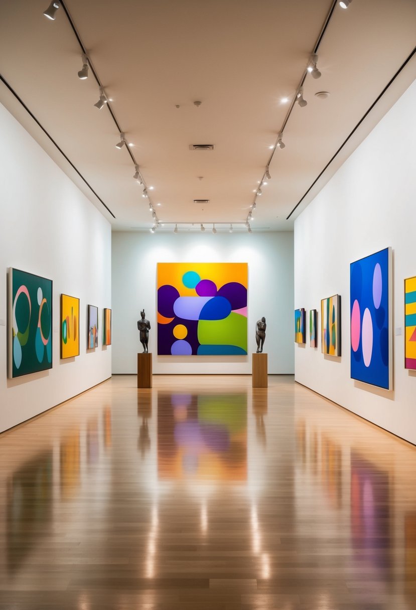 A spacious, well-lit art gallery with colorful, abstract paintings on the walls and sculptures scattered throughout the room