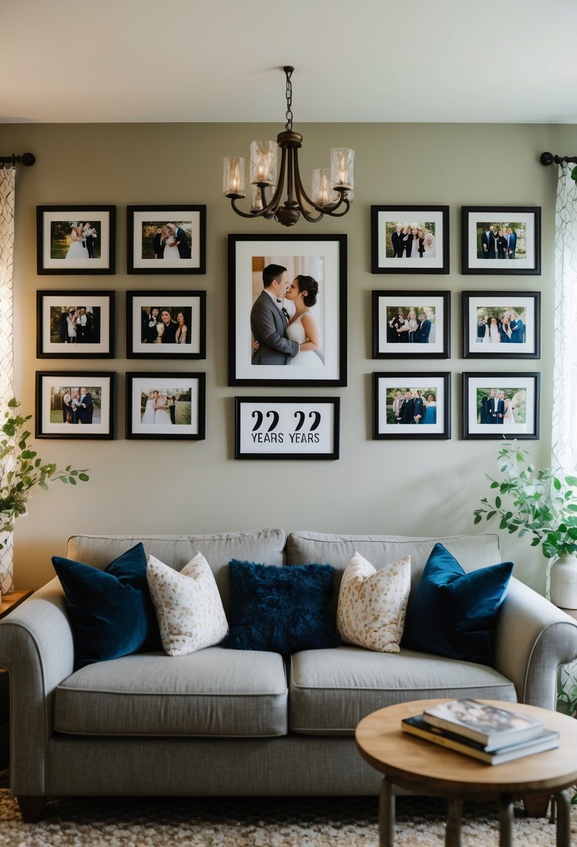 A cozy living room with a wall adorned with framed photos capturing special moments from the past 22 years of marriage