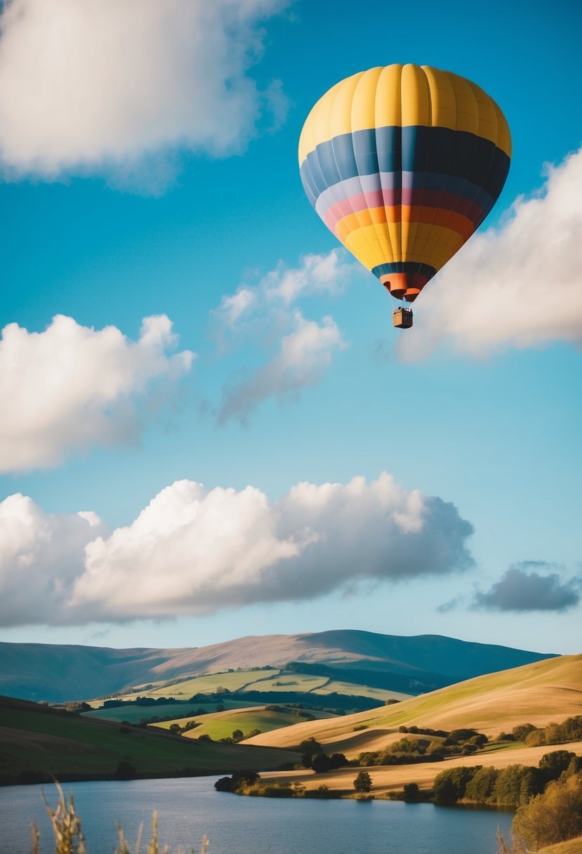 A colorful hot air balloon floats over rolling hills and a serene lake, with a bright blue sky and fluffy white clouds in the background