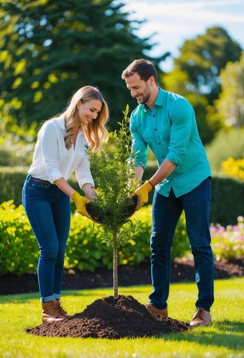 A couple planting a tree together in a lush garden on a sunny day