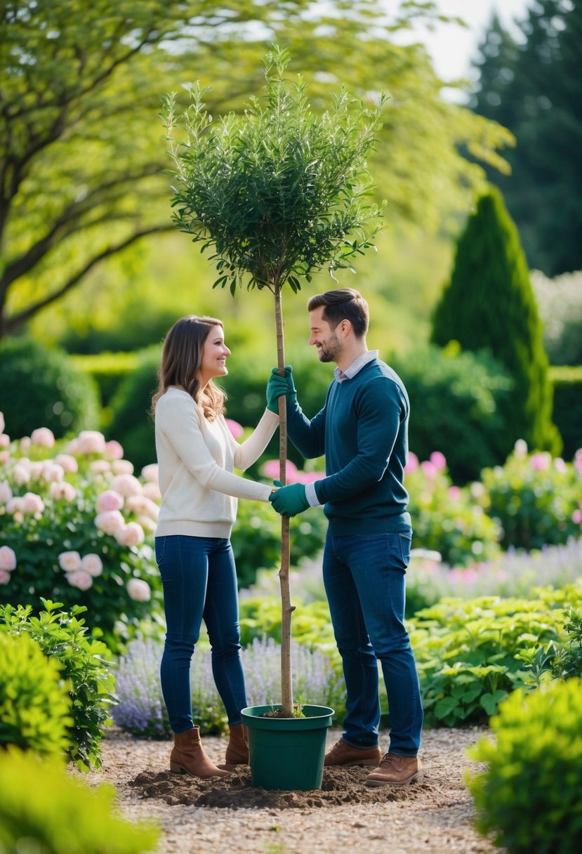 A couple planting a tree together in a tranquil garden setting, surrounded by blooming flowers and lush greenery