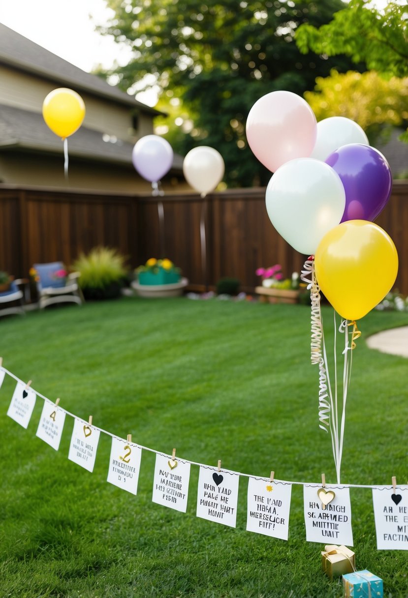 A backyard with hidden clues, balloons, and homemade decorations for a 42nd wedding anniversary scavenger hunt