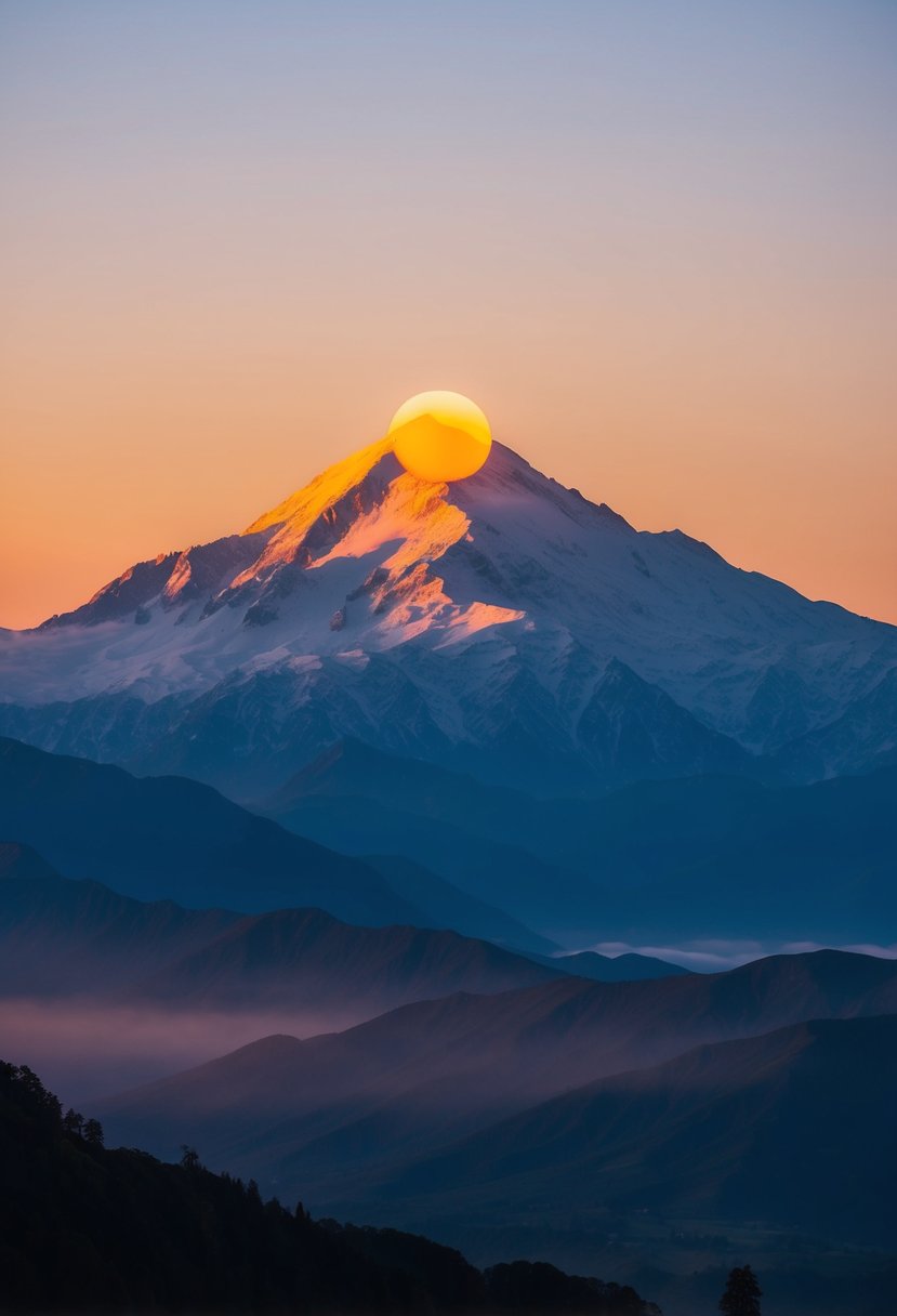 The sun rises over a majestic mountain peak, casting a warm glow over the serene landscape