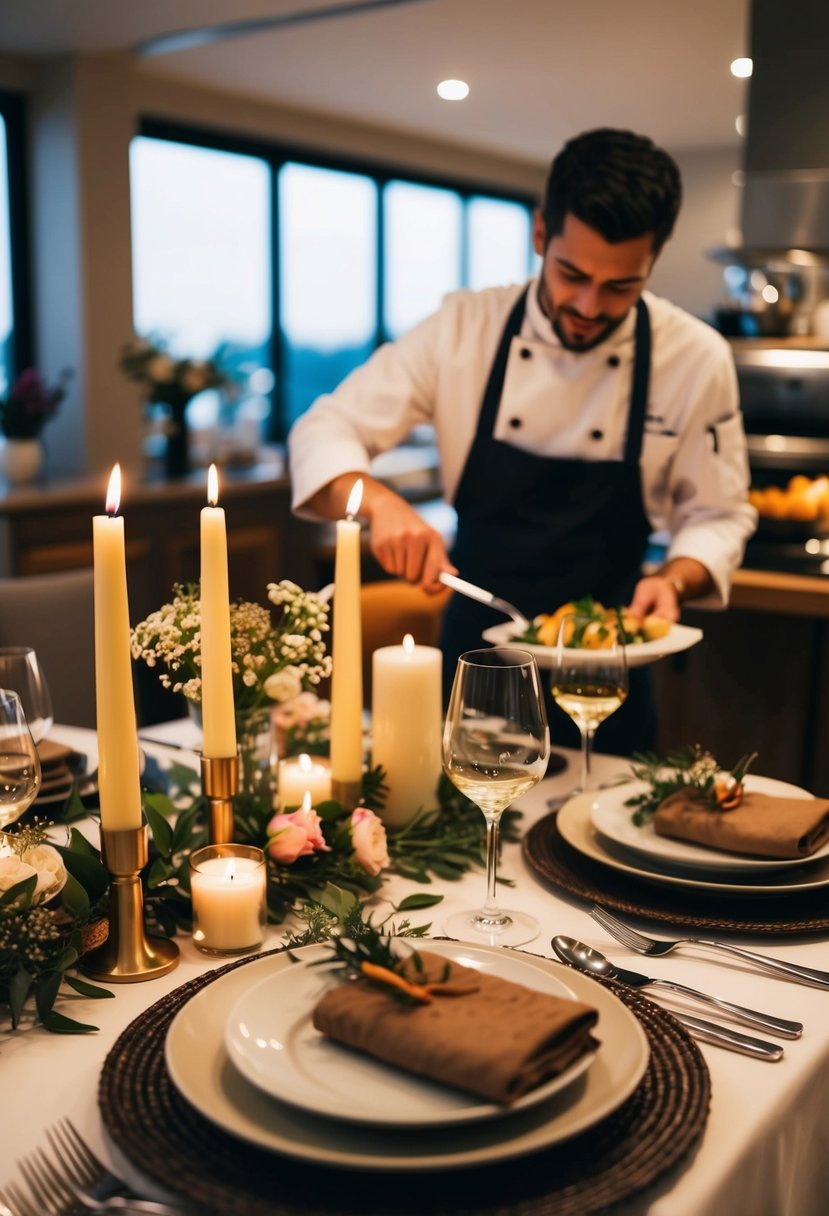 A cozy dining table set for two with candles and flowers, a chef preparing a gourmet meal in the background