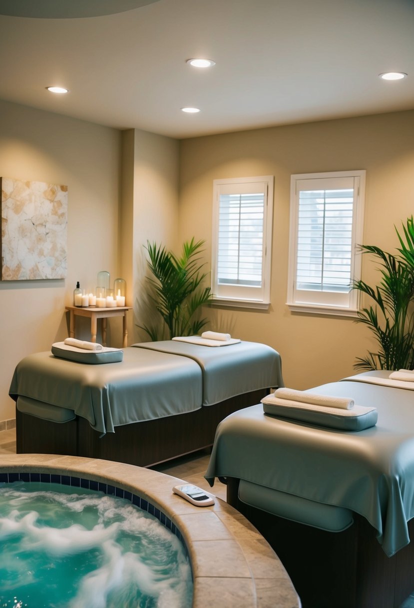 A serene spa room with two massage tables, soft lighting, and calming music. Aromatherapy scents fill the air, and a bubbling hot tub awaits