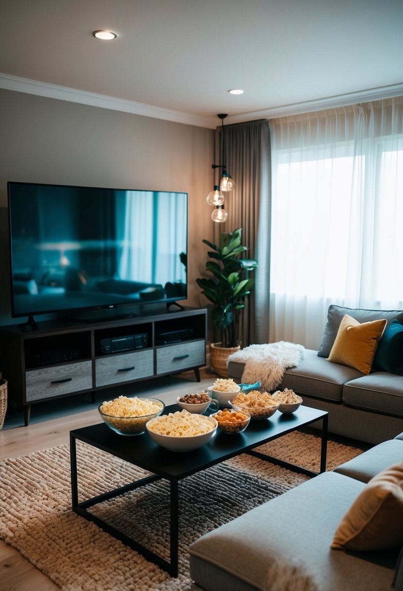 A cozy living room with a large screen TV, plush seating, dimmed lights, and a spread of popcorn and snacks on a coffee table