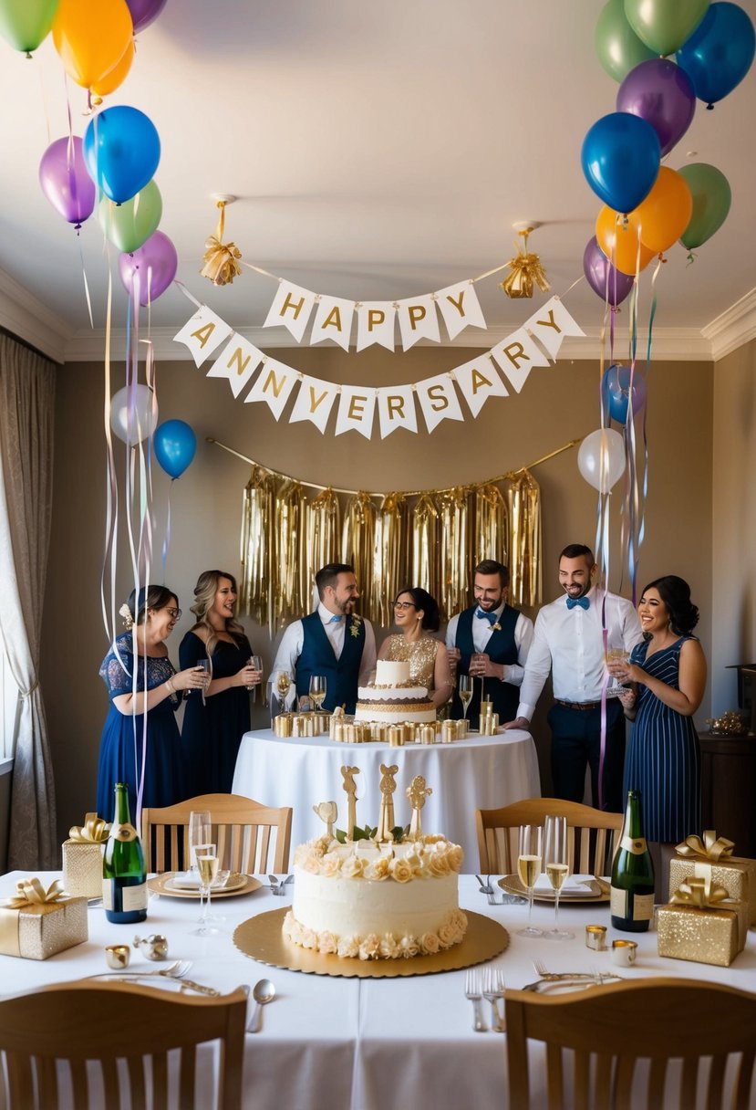 A decorated room with balloons, streamers, and a "Happy Anniversary" banner. A table set with a cake, champagne, and gifts. Guests hiding, waiting to surprise the couple