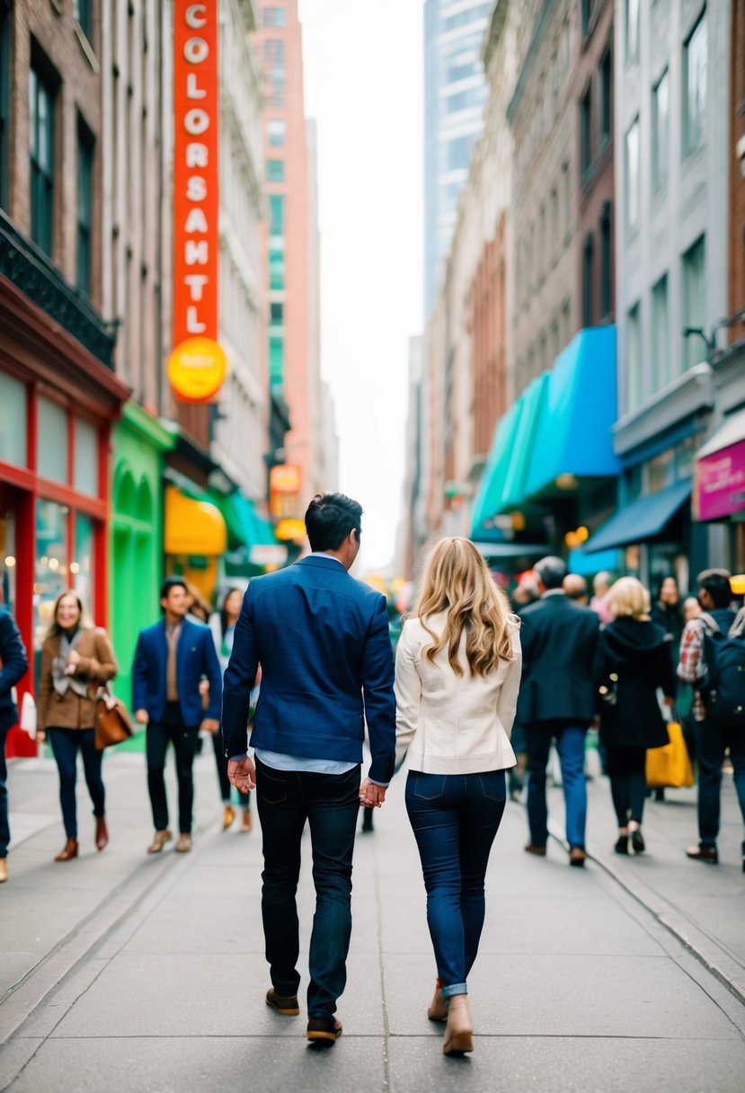 A couple walks through a bustling city street, surrounded by tall buildings, colorful storefronts, and lively crowds. They hold hands and take in the sights together