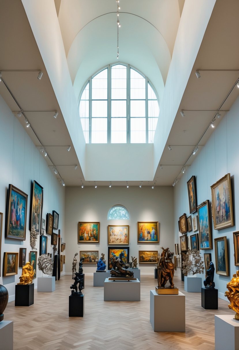 A colorful array of paintings and sculptures fill the spacious art gallery, bathed in soft natural light filtering through the large windows