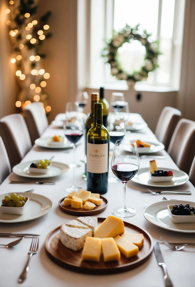 A table set with a variety of wine and cheese, surrounded by elegant decor and soft lighting