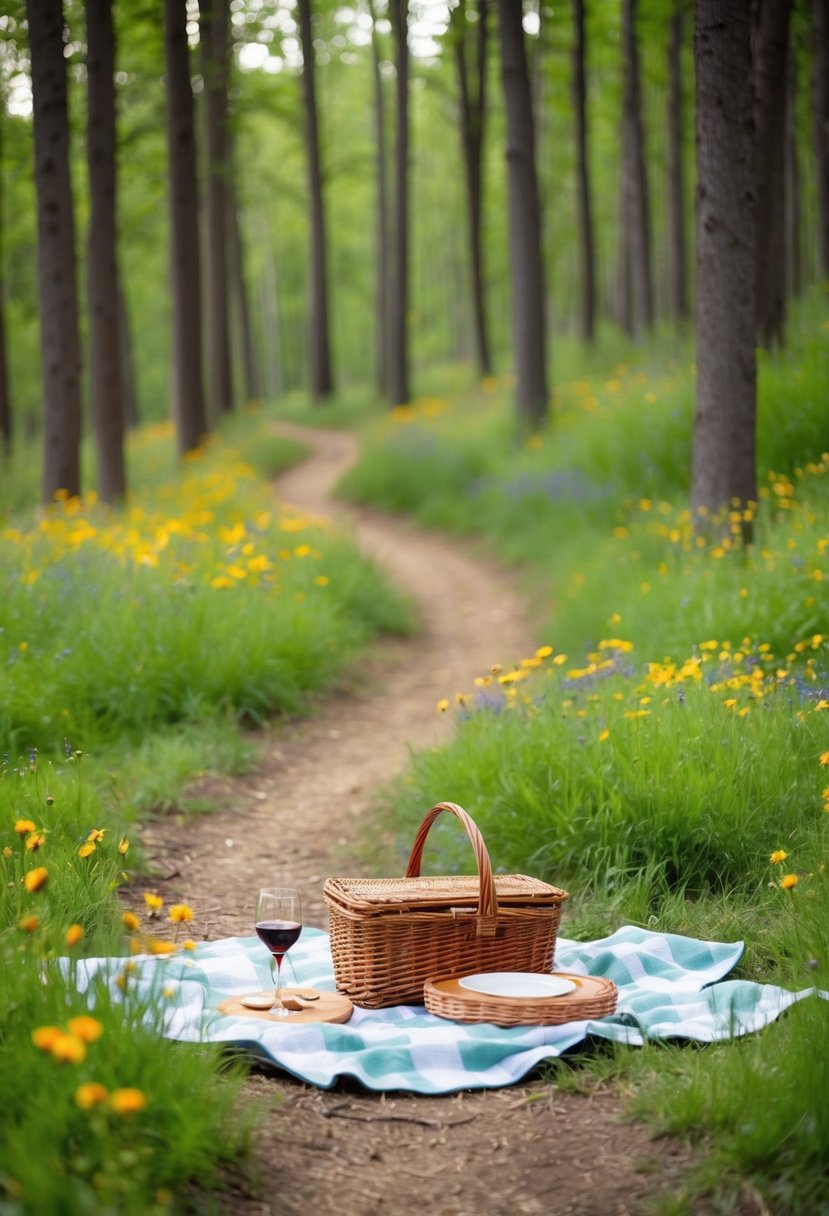 A serene forest clearing with a winding trail, colorful wildflowers, and a blanket spread with a picnic basket and wine glasses