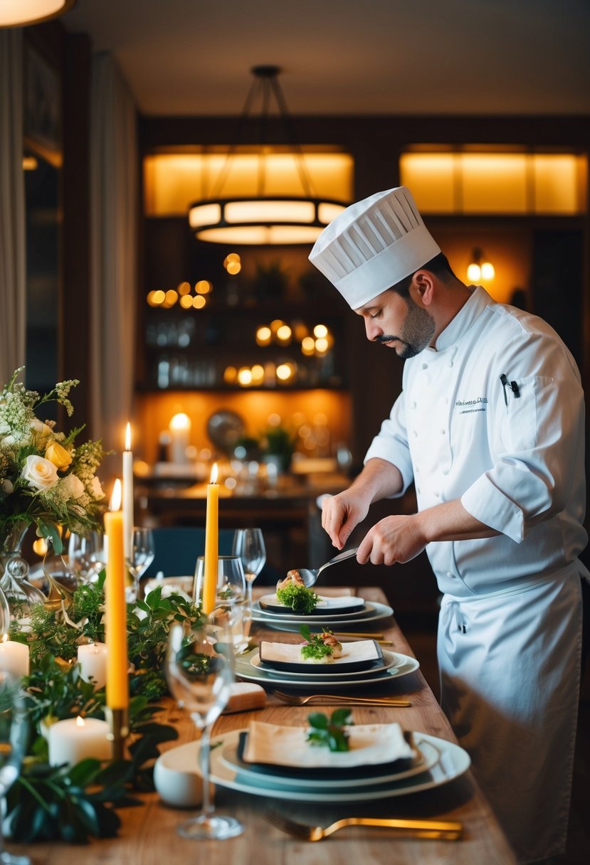 A cozy dining room with a beautifully set table, candlelight, and a chef preparing a gourmet meal