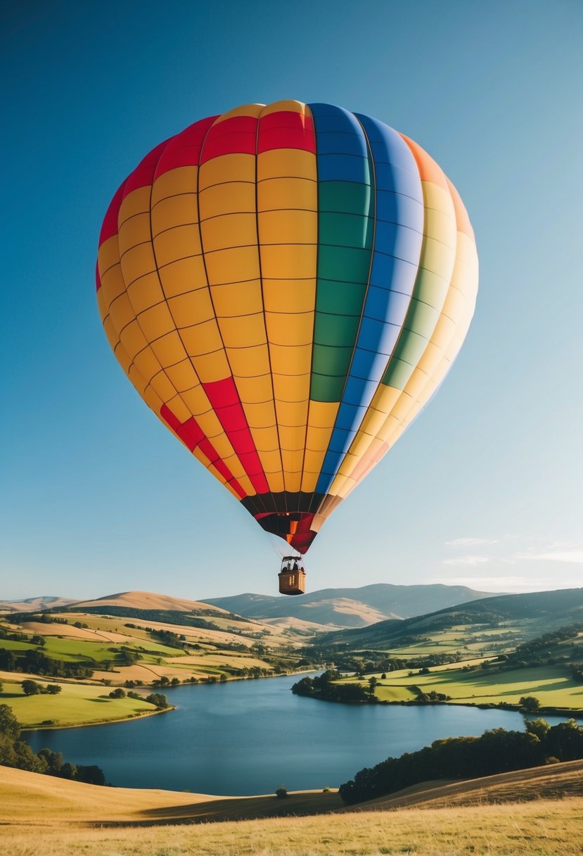 A colorful hot air balloon floats high above a picturesque landscape, with rolling hills and a serene lake below. The sky is clear and the sun is shining, creating a peaceful and romantic atmosphere