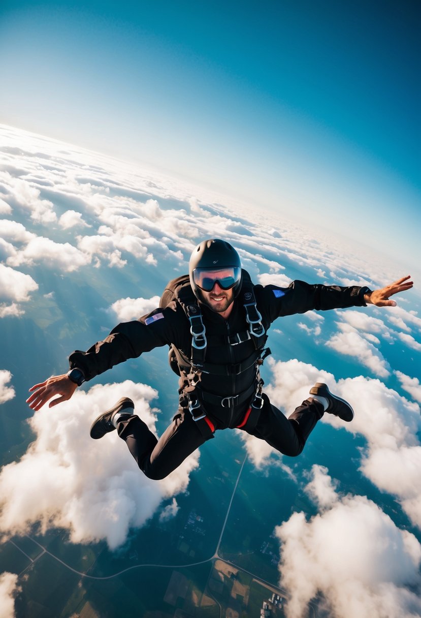 A person free-falling through the sky, surrounded by clouds and with the earth below, capturing the thrill of a skydiving adventure