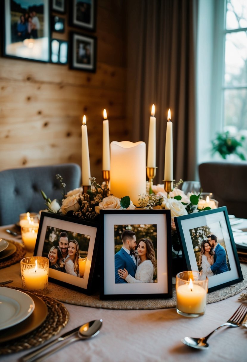 A cozy table set with candles and flowers, surrounded by framed photos of the couple's life together