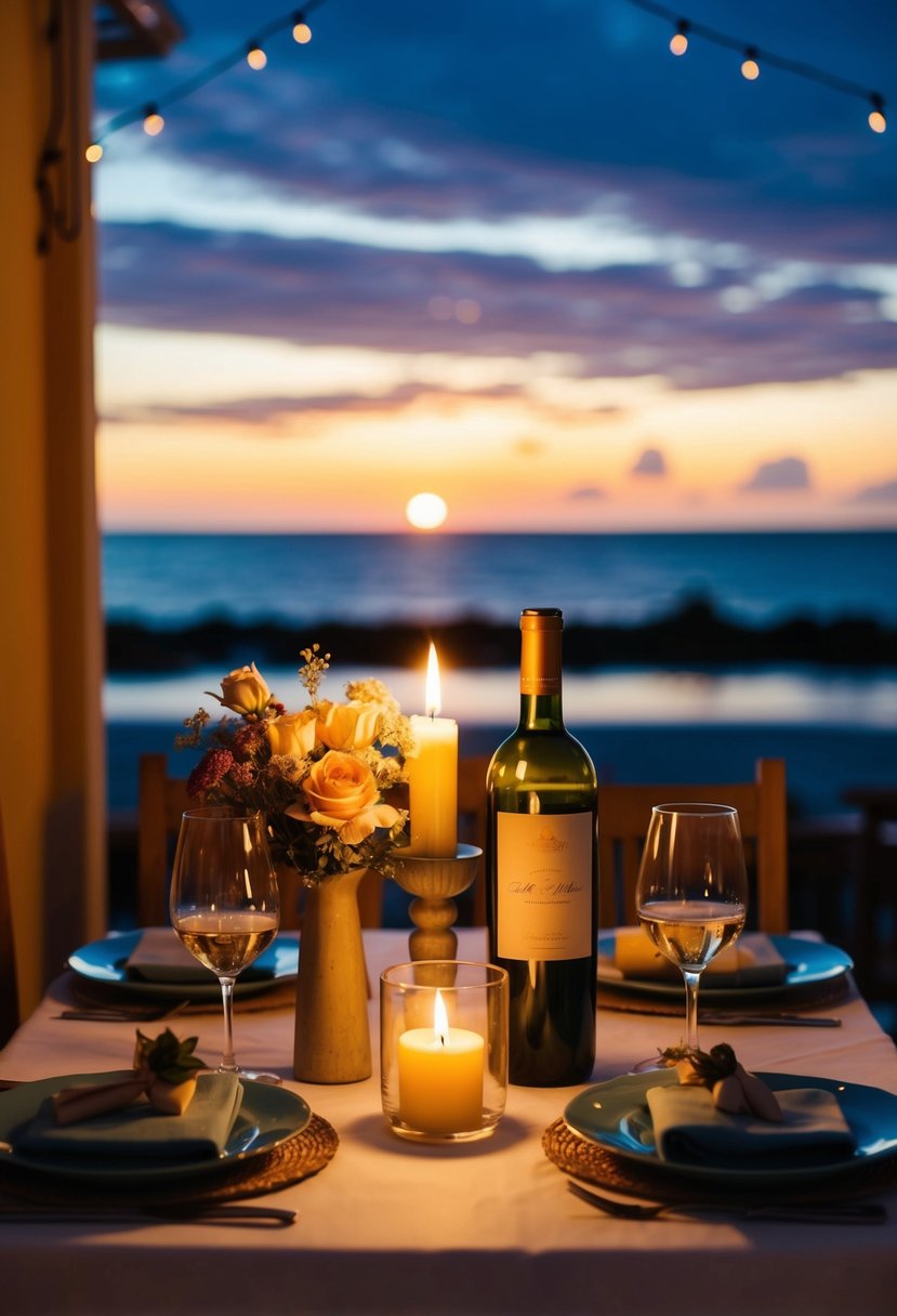 A cozy candlelit dinner with a bottle of wine, a bouquet of flowers, and a picturesque sunset by the beach