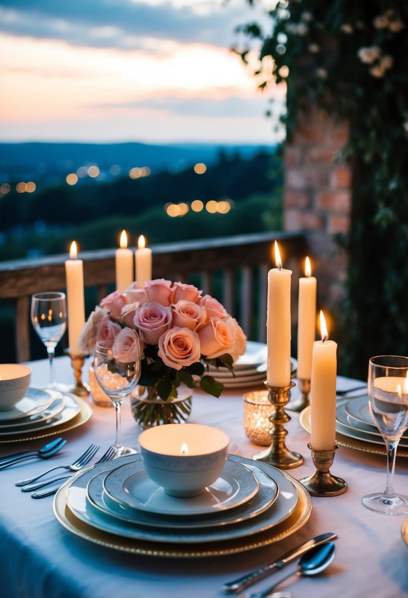 A candlelit table set with fine china and a bouquet of roses, surrounded by soft lighting and a picturesque view