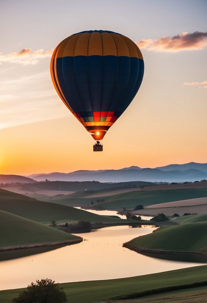 A colorful hot air balloon floats over a serene landscape of rolling hills and a peaceful lake at sunset