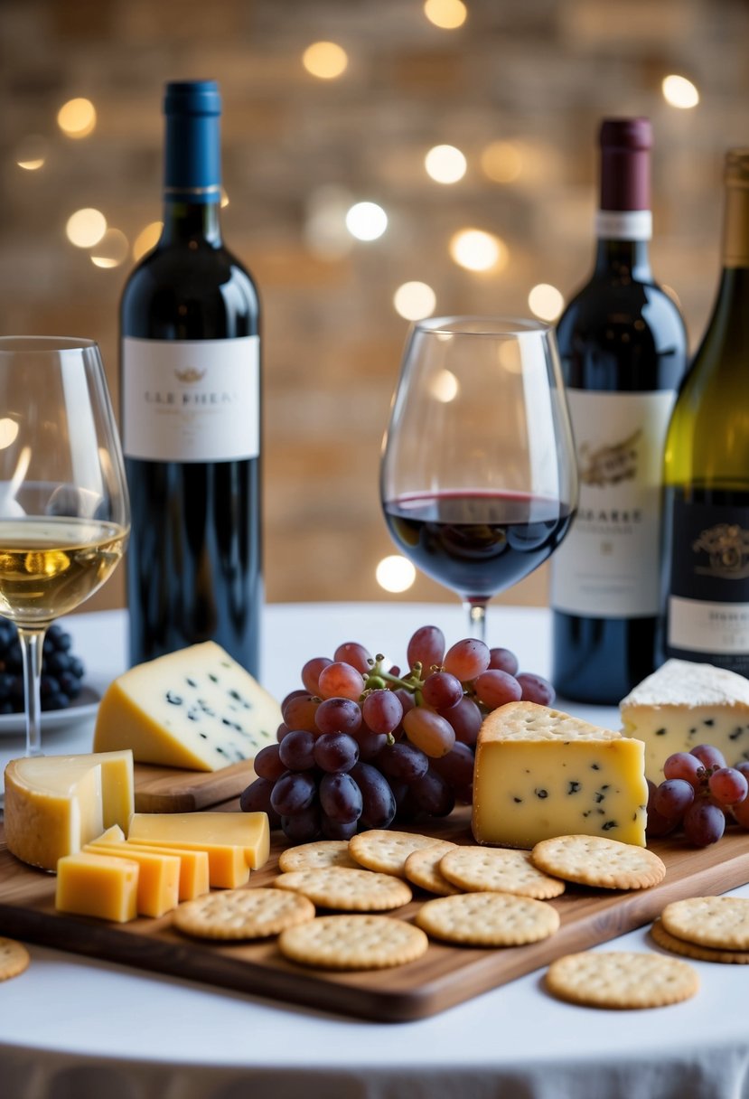 A table set with an assortment of cheeses, crackers, and grapes, accompanied by a selection of wine bottles and glasses