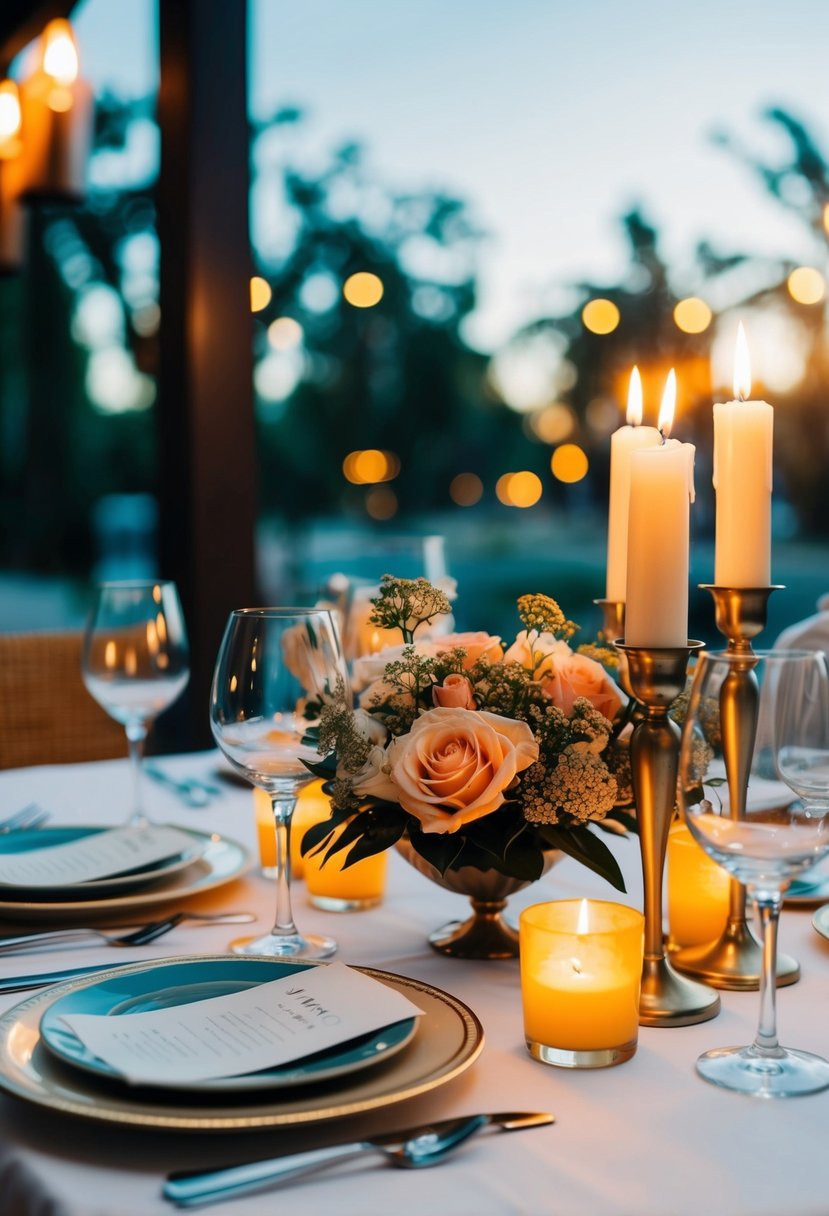 A romantic dinner setting with candlelight, wine glasses, and a bouquet of flowers on a beautifully set table