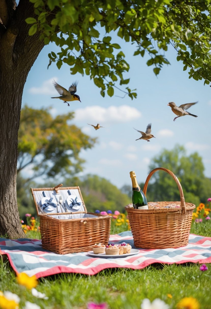 A picnic blanket spread under a shady tree, surrounded by colorful flowers and chirping birds. A wicker basket filled with delicious treats and a bottle of champagne on ice