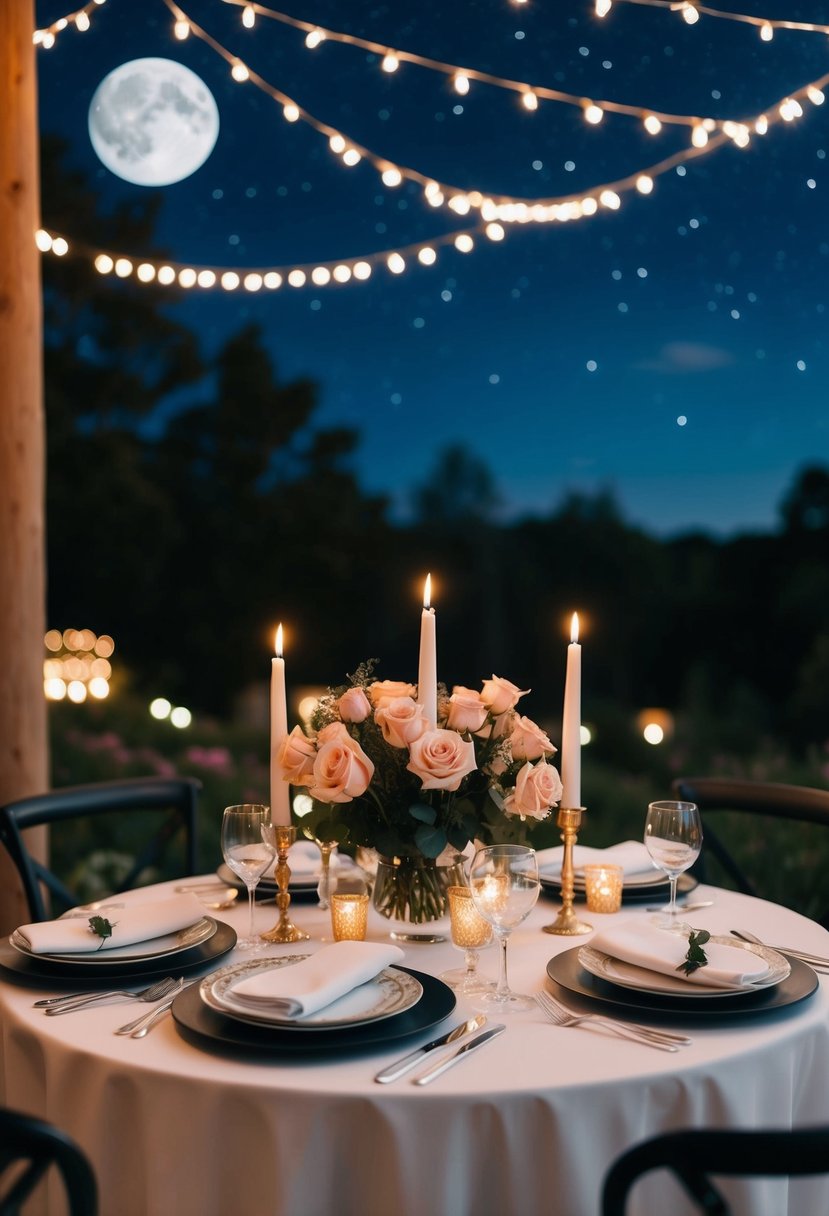 A candlelit table set with fine dinnerware and a bouquet of roses, nestled under a canopy of twinkling stars and a full moon