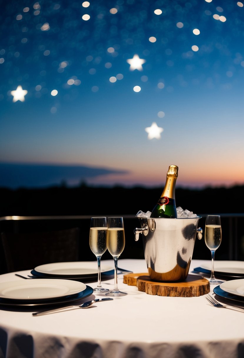 A romantic dinner under a starry sky, with a table set for two and a bottle of champagne chilling in an ice bucket