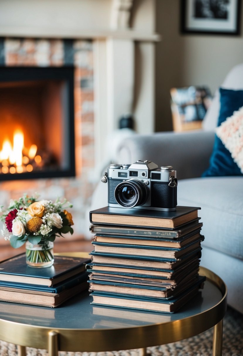 A cozy living room with a crackling fireplace, a stack of old photo albums, and a table set with a vintage camera and a bouquet of flowers