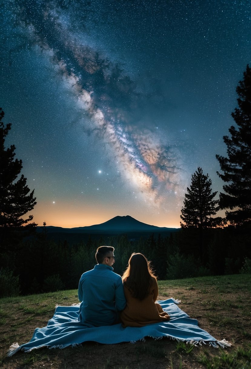 A couple sits on a blanket under a starry sky, surrounded by trees and a distant mountain. The night is quiet and peaceful, with the Milky Way stretching across the sky