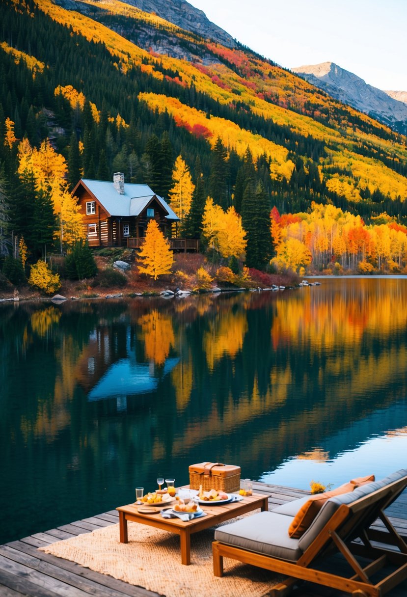 A cozy cabin nestled in the mountains, surrounded by colorful autumn foliage and a tranquil lake, with a picnic set up on the deck