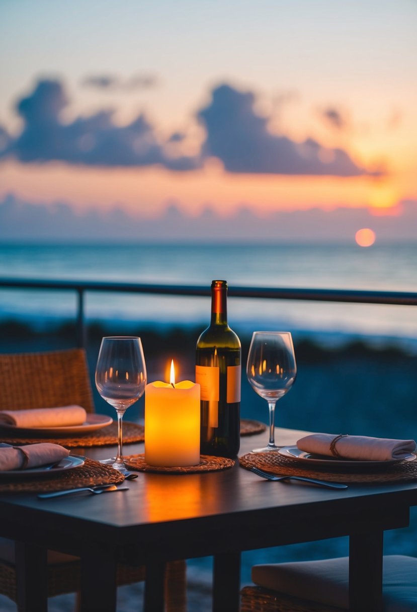 A cozy candlelit dinner by the beach, with a sunset backdrop and a bottle of wine on the table